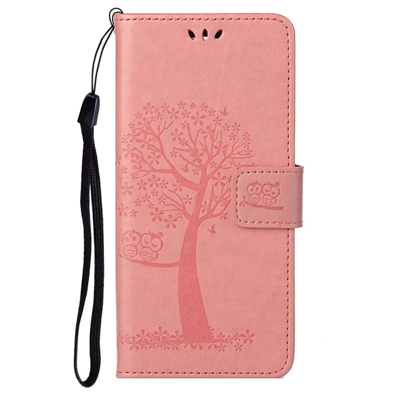 Owl Tree Pattern Imprinted Magnetic Clasp TPU and PU Leather Phone Case Stand Wallet Cover with Strap for Samsung Galaxy A73 5G - Pink