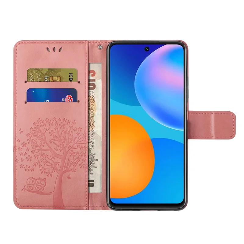 Owl Tree Pattern Imprinted Magnetic Clasp TPU and PU Leather Phone Case Stand Wallet Cover with Strap for Samsung Galaxy A73 5G - Pink