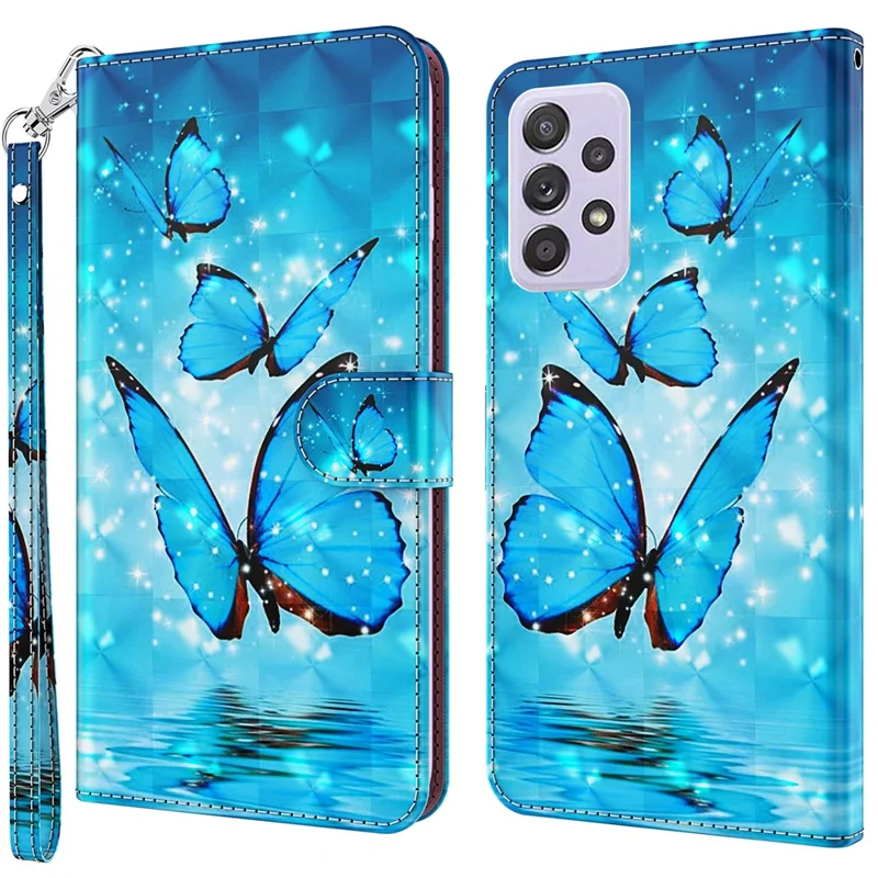 For Samsung Galaxy A13 4G 3D Pattern Printing Scratch-resistant Phone Case PU Leather Stand Phone Protector with Wallet Strap - Blue Butterflies