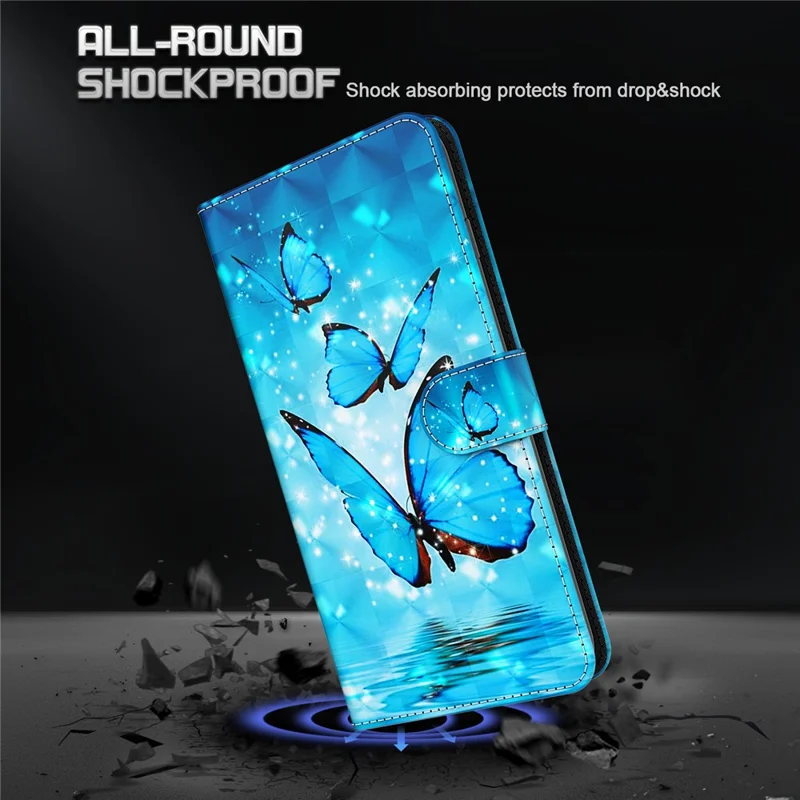 For Samsung Galaxy A13 4G 3D Pattern Printing Scratch-resistant Phone Case PU Leather Stand Phone Protector with Wallet Strap - Blue Butterflies