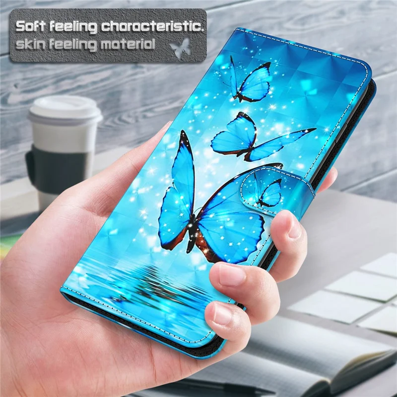 For Samsung Galaxy A13 4G 3D Pattern Printing Scratch-resistant Phone Case PU Leather Stand Phone Protector with Wallet Strap - Blue Butterflies