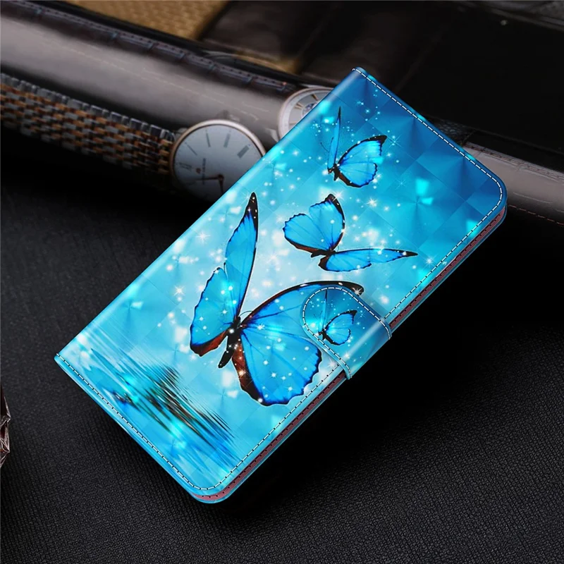 For Samsung Galaxy A13 4G 3D Pattern Printing Scratch-resistant Phone Case PU Leather Stand Phone Protector with Wallet Strap - Blue Butterflies