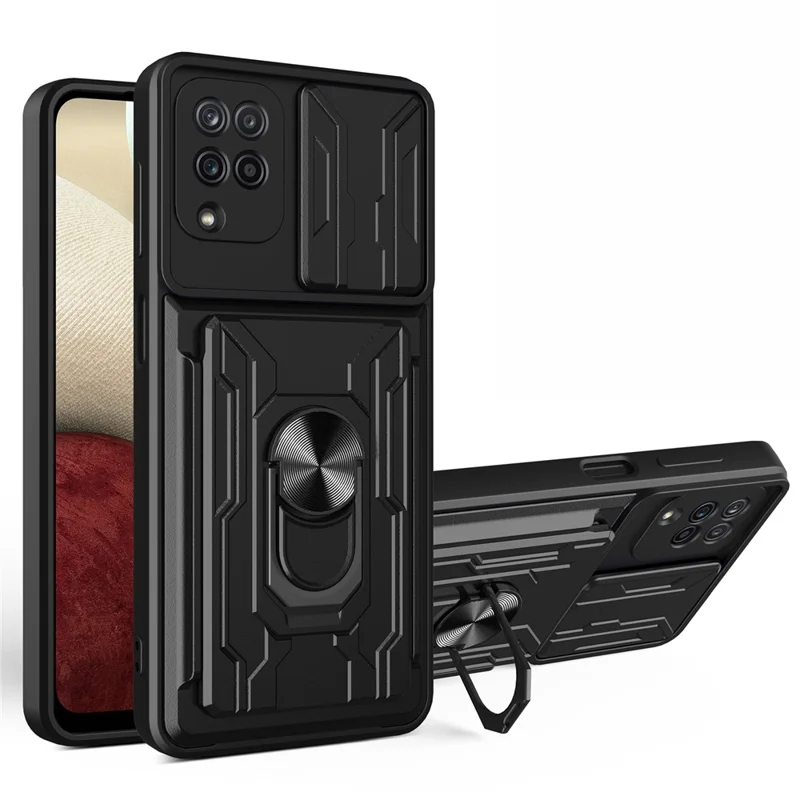 Ring Holder Kickstand Hard PC + Soft TPU Phone Case Shell with Camera Slide Cover and Detachable Card Slot for Samsung Galaxy A12 - Black