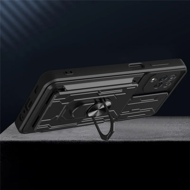 Ring Holder Kickstand Hard PC + Soft TPU Phone Case Shell with Camera Slide Cover and Detachable Card Slot for Samsung Galaxy A12 - Black