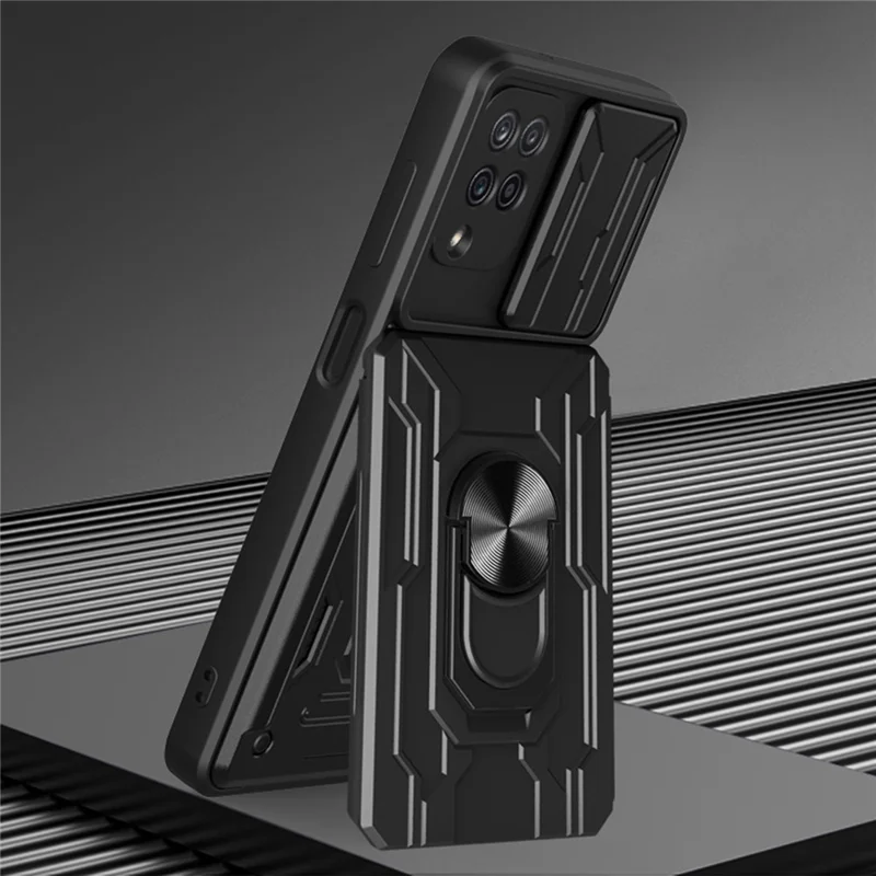Ring Holder Kickstand Hard PC + Soft TPU Phone Case Shell with Camera Slide Cover and Detachable Card Slot for Samsung Galaxy A12 - Black