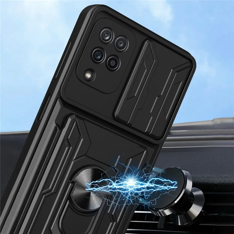 Ring Holder Kickstand Hard PC + Soft TPU Phone Case Shell with Camera Slide Cover and Detachable Card Slot for Samsung Galaxy A12 - Black