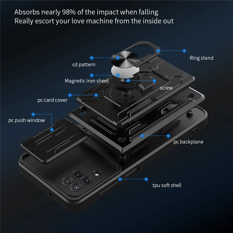 Ring Holder Kickstand Hard PC + Soft TPU Phone Case Shell with Camera Slide Cover and Detachable Card Slot for Samsung Galaxy A12 - Black