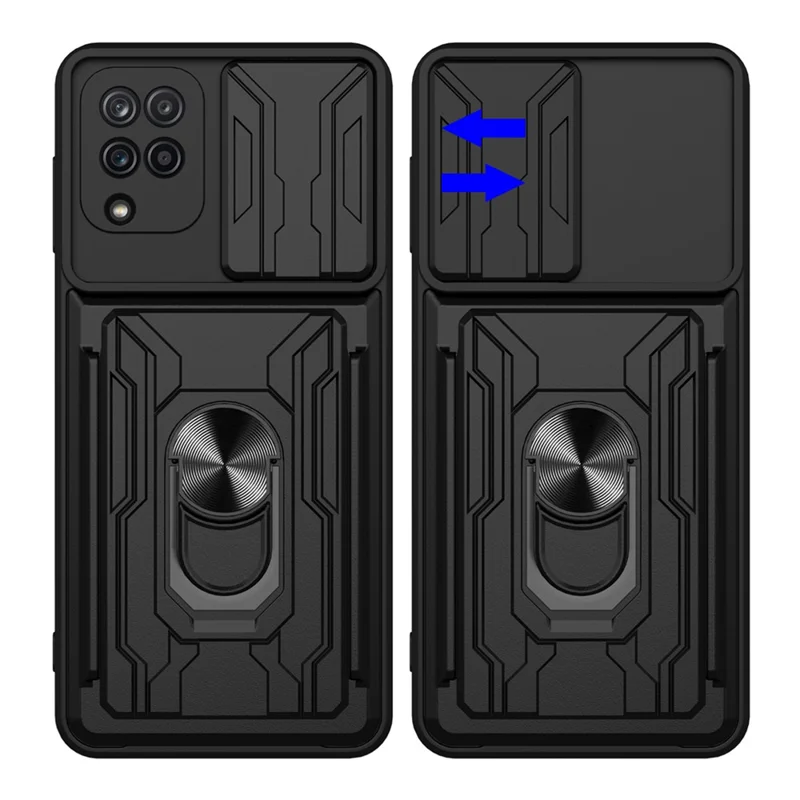 Ring Holder Kickstand Hard PC + Soft TPU Phone Case Shell with Camera Slide Cover and Detachable Card Slot for Samsung Galaxy A12 - Black