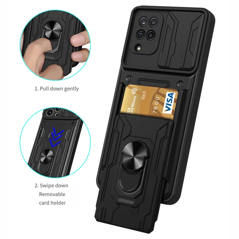 Ring Holder Kickstand Hard PC + Soft TPU Phone Case Shell with Camera Slide Cover and Detachable Card Slot for Samsung Galaxy A12 - Black
