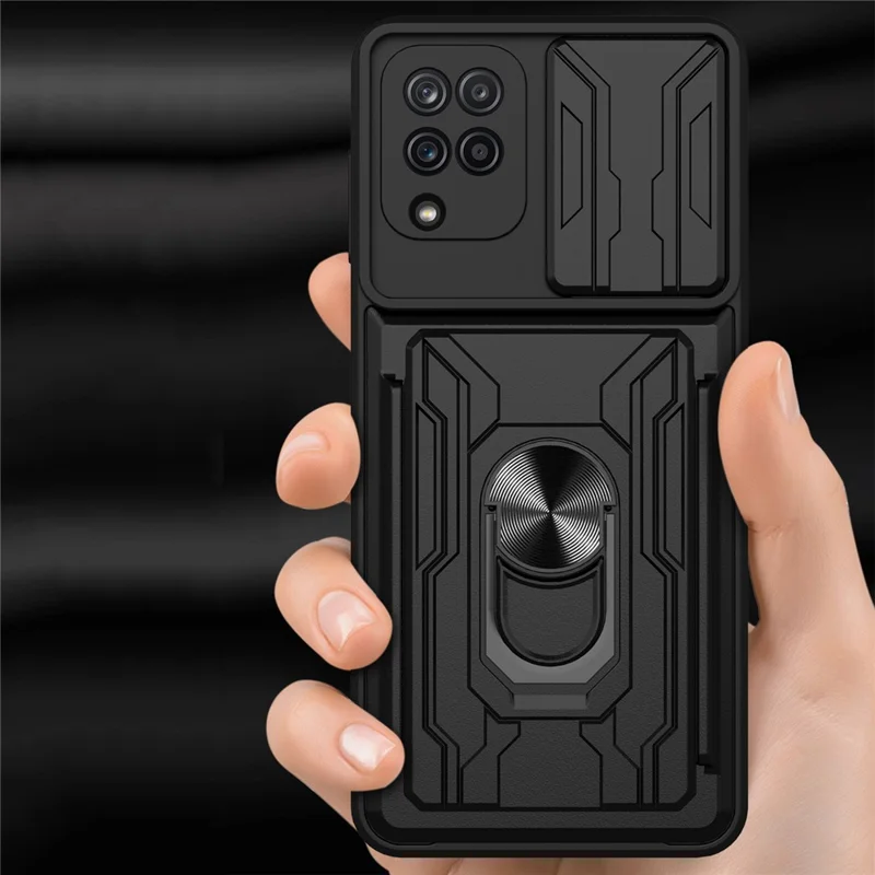 Ring Holder Kickstand Hard PC + Soft TPU Phone Case Shell with Camera Slide Cover and Detachable Card Slot for Samsung Galaxy A12 - Black
