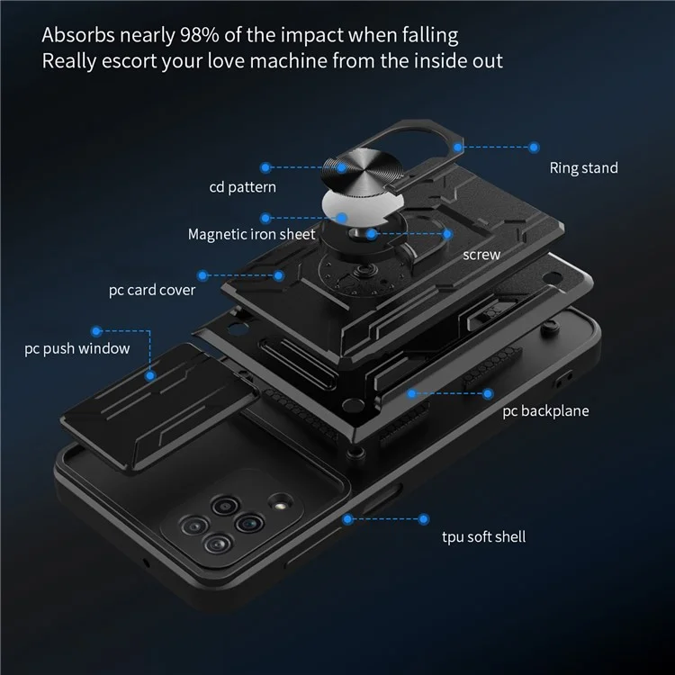 Holder Holder Kickstand Hard PC + Shell Del Telefono TPU Morbido Con Copertura Per Diapositiva Della Fotocamera e Slot Per Scheda Staccabile Per Samsung Galaxy A12 - Bianca