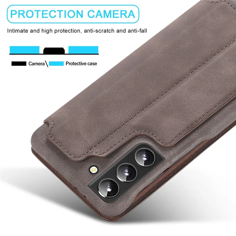 LC.IMEEKE Card Slot PU Leather + PC Full Protection Stand Phone Case Shell for Samsung Galaxy S22 5G - Coffee