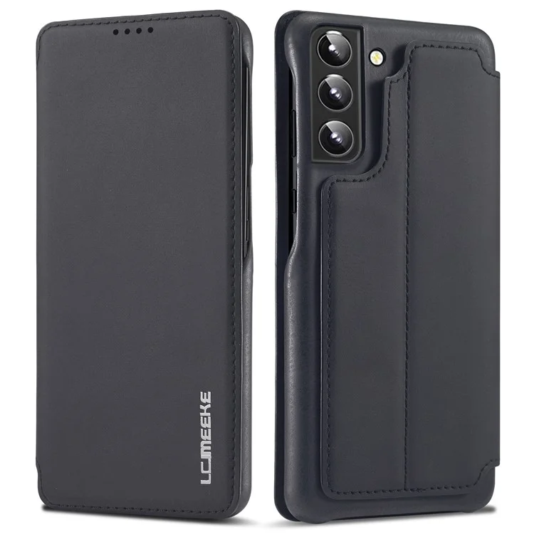 LC.IMEEKE PU Leather Phone Case Foldable Stand Card Holder Protective Cover for Samsung Galaxy S22+ 5G - Black