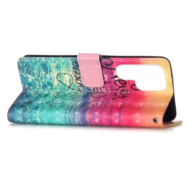 PU Leather Shockproof Phone Cover 3D Pattern Printing Stand Phone Case with Wallet Strap for Samsung Galaxy S22 Ultra 5G - Never Stop Dreaming