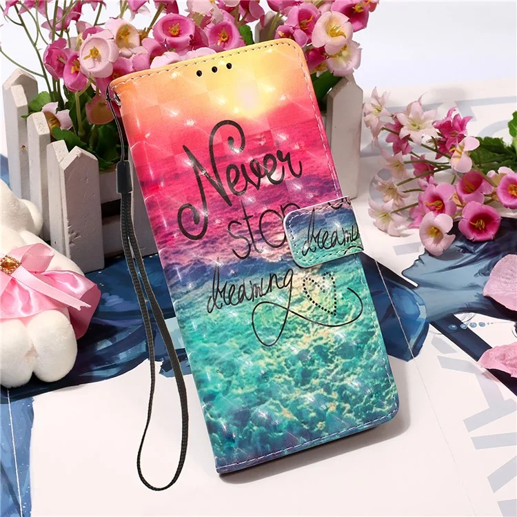 PU Leather Shockproof Phone Cover 3D Pattern Printing Stand Phone Case with Wallet Strap for Samsung Galaxy S22 Ultra 5G - Never Stop Dreaming