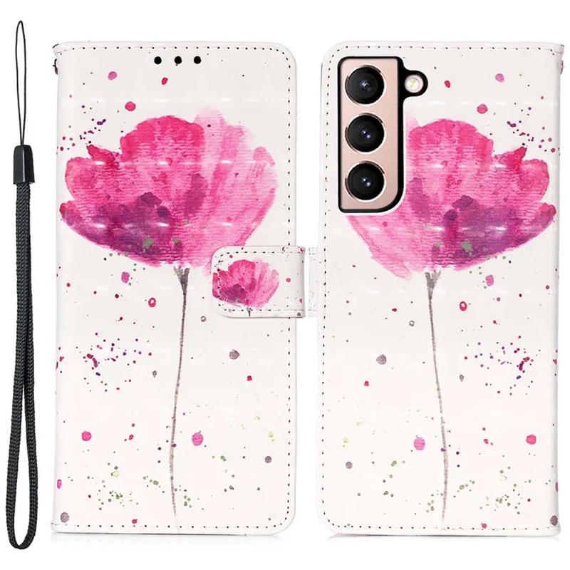 PU Leather Shockproof Phone Cover 3D Pattern Printing Stand Phone Case with Wallet Strap for Samsung Galaxy S22 5G - Flower