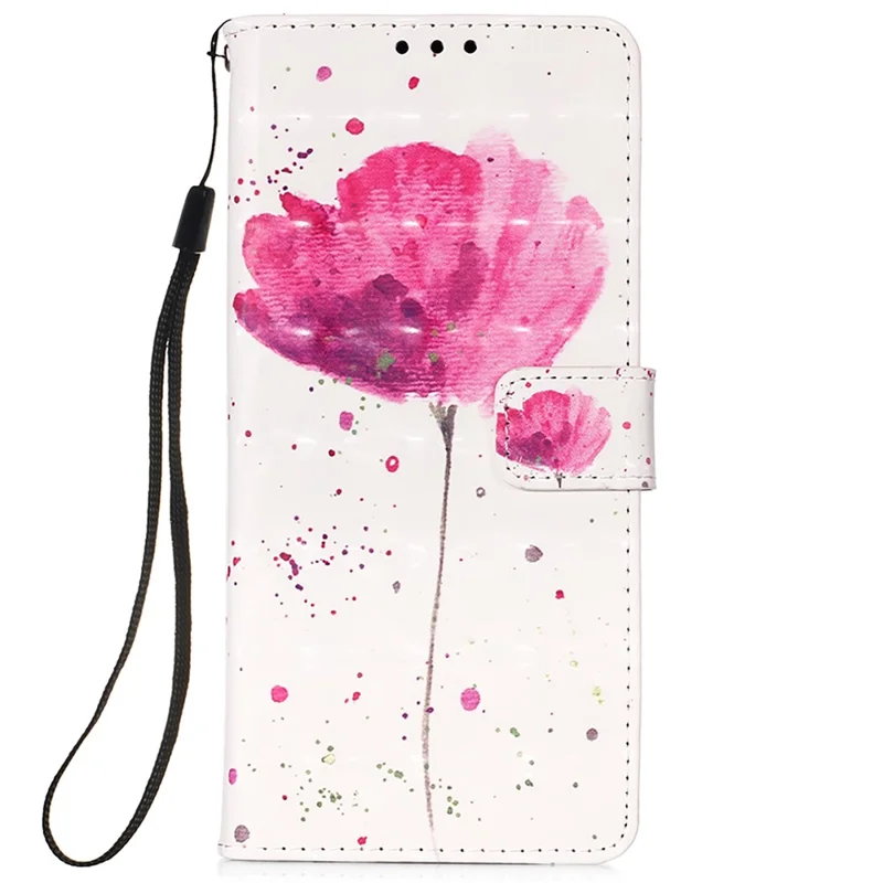 PU Leather Shockproof Phone Cover 3D Pattern Printing Stand Phone Case with Wallet Strap for Samsung Galaxy S22 5G - Flower