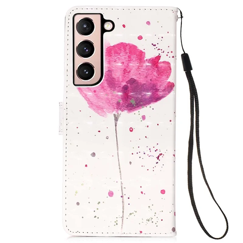 PU Leather Shockproof Phone Cover 3D Pattern Printing Stand Phone Case with Wallet Strap for Samsung Galaxy S22 5G - Flower