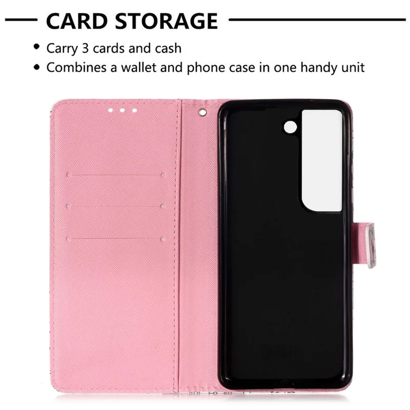 PU Leather Shockproof Phone Cover 3D Pattern Printing Stand Phone Case with Wallet Strap for Samsung Galaxy S22 5G - Flower