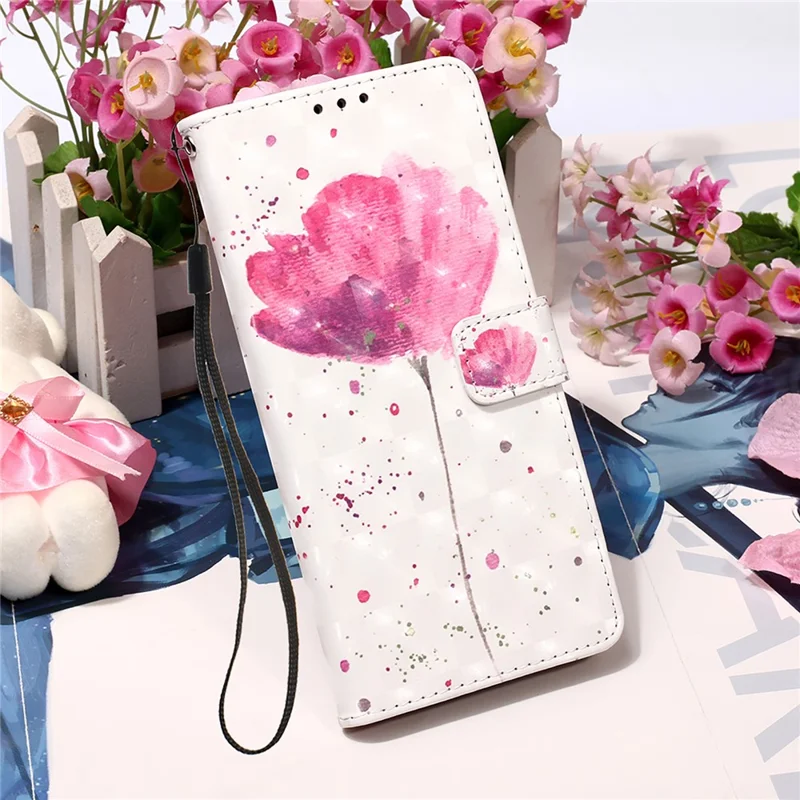 PU Leather Shockproof Phone Cover 3D Pattern Printing Stand Phone Case with Wallet Strap for Samsung Galaxy S22 5G - Flower