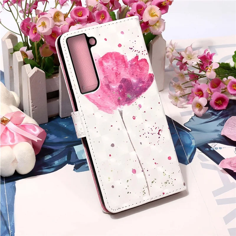 PU Leather Shockproof Phone Cover 3D Pattern Printing Stand Phone Case with Wallet Strap for Samsung Galaxy S22 5G - Flower