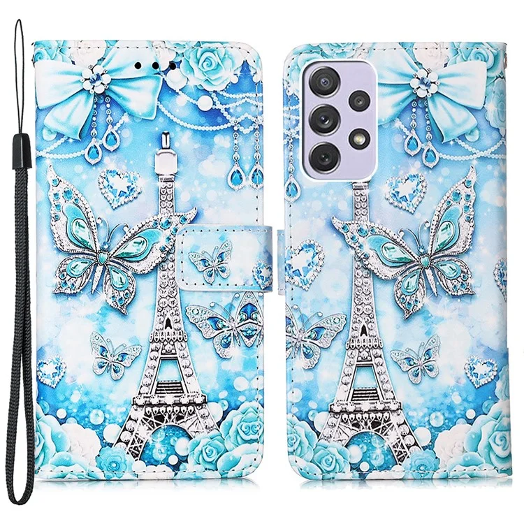 Full Body Protection Pattern Printing PU Leather Foldable Stand Phone Case Wallet Cover with Hand Strap for Samsung Galaxy A33 5G - Eiffel Tower and Butterfly