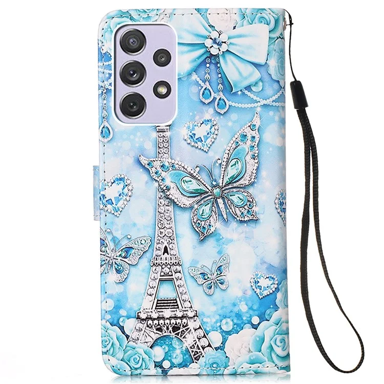 Full Body Protection Pattern Printing PU Leather Foldable Stand Phone Case Wallet Cover with Hand Strap for Samsung Galaxy A33 5G - Eiffel Tower and Butterfly