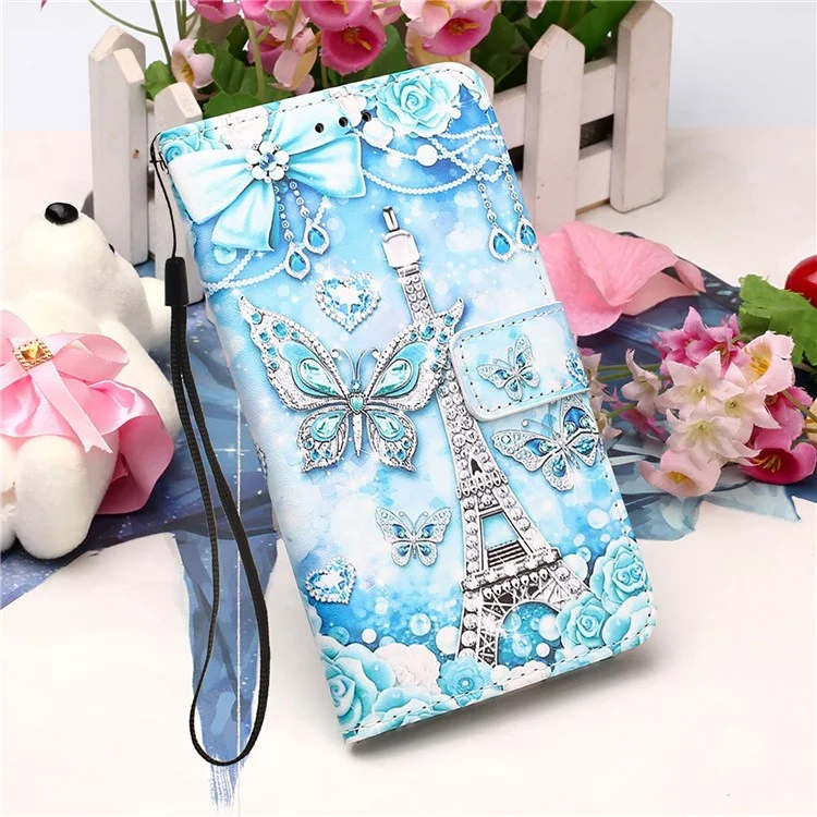 Full Body Protection Pattern Printing PU Leather Foldable Stand Phone Case Wallet Cover with Hand Strap for Samsung Galaxy A33 5G - Eiffel Tower and Butterfly
