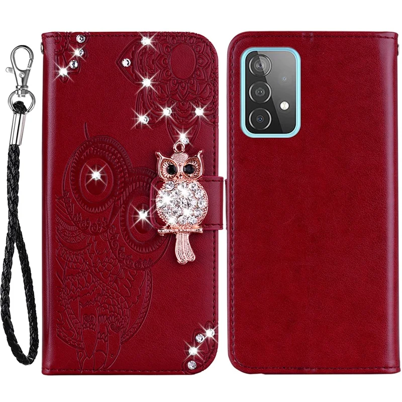 For Samsung Galaxy A53 5G PU Leather Magnetic Clasp Case Rhinestone Decor Wallet Stand Owl Flower Imprinted Shell Cover with Strap - Red
