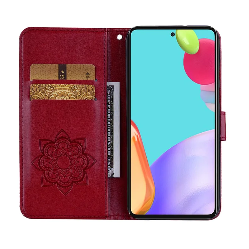 For Samsung Galaxy A53 5G PU Leather Magnetic Clasp Case Rhinestone Decor Wallet Stand Owl Flower Imprinted Shell Cover with Strap - Red