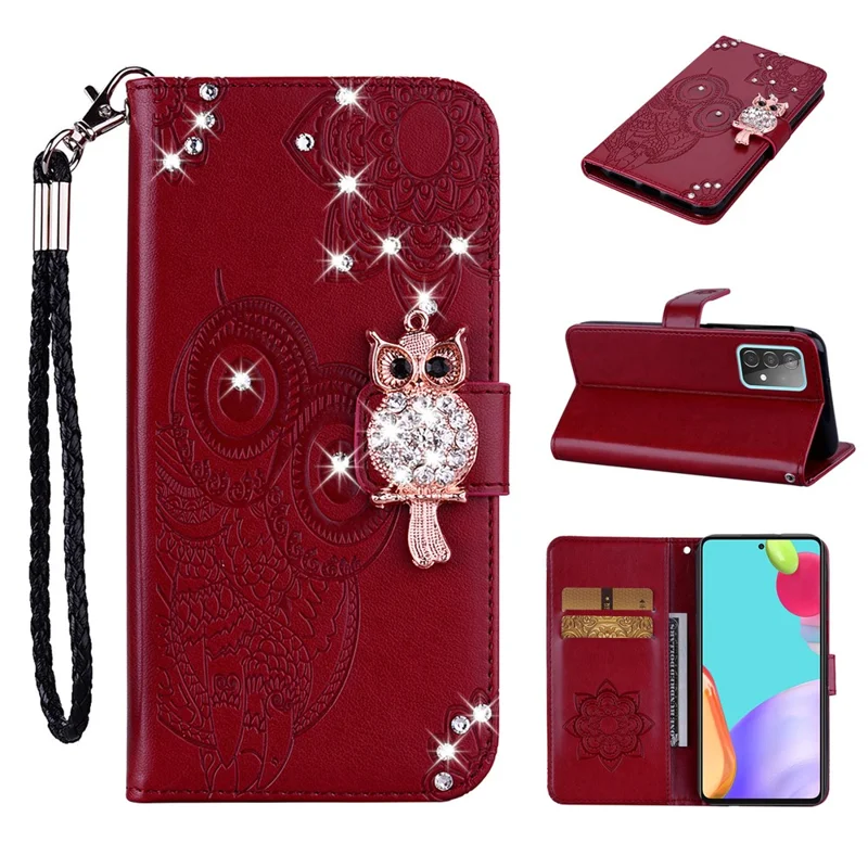 For Samsung Galaxy A53 5G PU Leather Magnetic Clasp Case Rhinestone Decor Wallet Stand Owl Flower Imprinted Shell Cover with Strap - Red