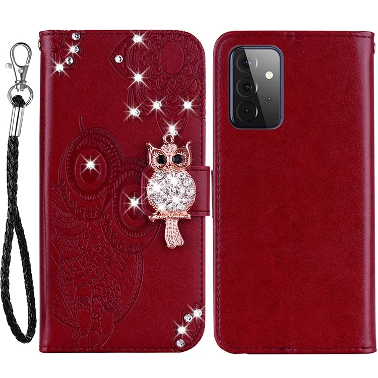 Rhinestone Decor Flip PU Leather Magnetic Clasp Case Wallet Stand Owl Flower Imprinted Shell Cover with Strap for Samsung Galaxy A33 5G - Red