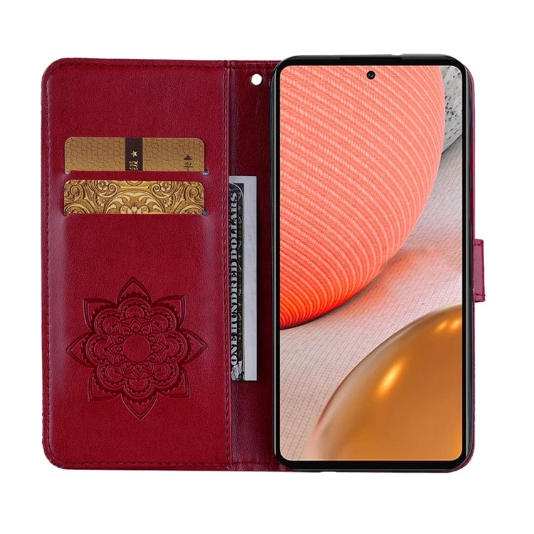 Rhinestone Decor Flip PU Leather Magnetic Clasp Case Wallet Stand Owl Flower Imprinted Shell Cover with Strap for Samsung Galaxy A33 5G - Red