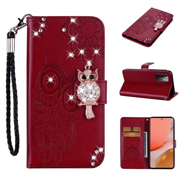 Rhinestone Decor Flip PU Leather Magnetic Clasp Case Wallet Stand Owl Flower Imprinted Shell Cover with Strap for Samsung Galaxy A33 5G - Red