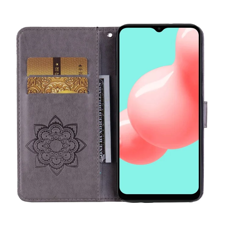 Для Samsung Galaxy A13 4G Rhinestone Decor TPU+PU Leather Magnetic Clasp Phone Shell Cover Wallet Stand Owl Flower Imprinted Phone Case - Grey