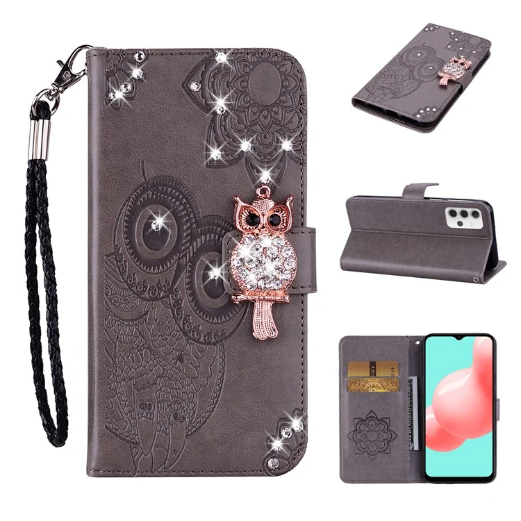 Для Samsung Galaxy A13 4G Rhinestone Decor TPU+PU Leather Magnetic Clasp Phone Shell Cover Wallet Stand Owl Flower Imprinted Phone Case - Grey
