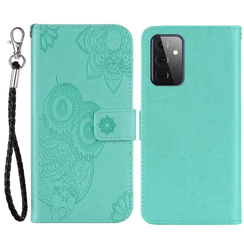 For Samsung Galaxy A53 5G Fashionable Imprinted Owl Flower Pattern Wallet Shell Anti-scratch PU Leather+TPU Flip Phone Case - Cyan