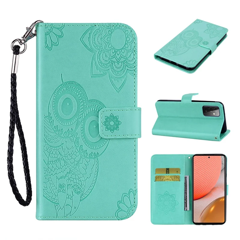 For Samsung Galaxy A53 5G Fashionable Imprinted Owl Flower Pattern Wallet Shell Anti-scratch PU Leather+TPU Flip Phone Case - Cyan