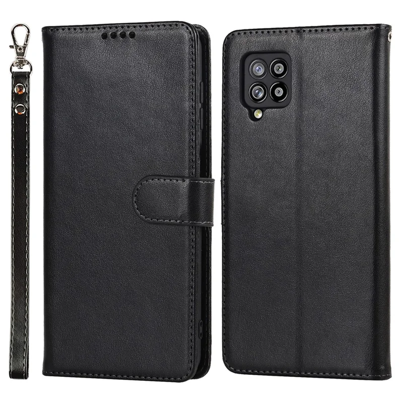 R61 Texture Felled Seam Wallet Stand PU Leather Case + Inner TPU Phone Cover Protector with Strap for Samsung Galaxy A12 - Black