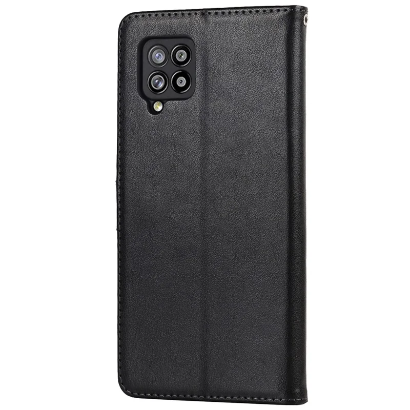 R61 Texture Felled Seam Wallet Stand PU Leather Case + Inner TPU Phone Cover Protector with Strap for Samsung Galaxy A12 - Black