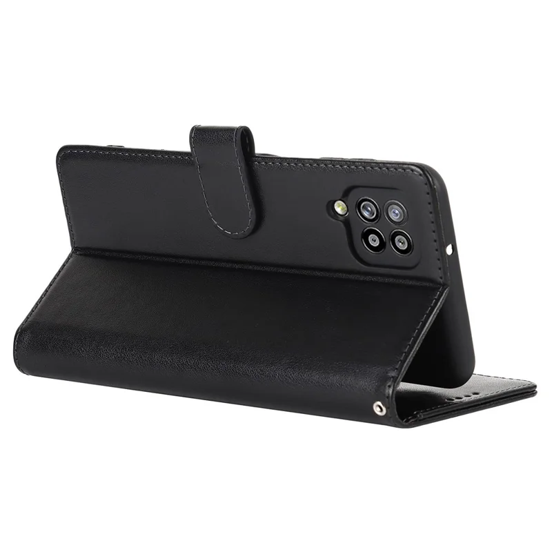 R61 Texture Felled Seam Wallet Stand PU Leather Case + Inner TPU Phone Cover Protector with Strap for Samsung Galaxy A12 - Black