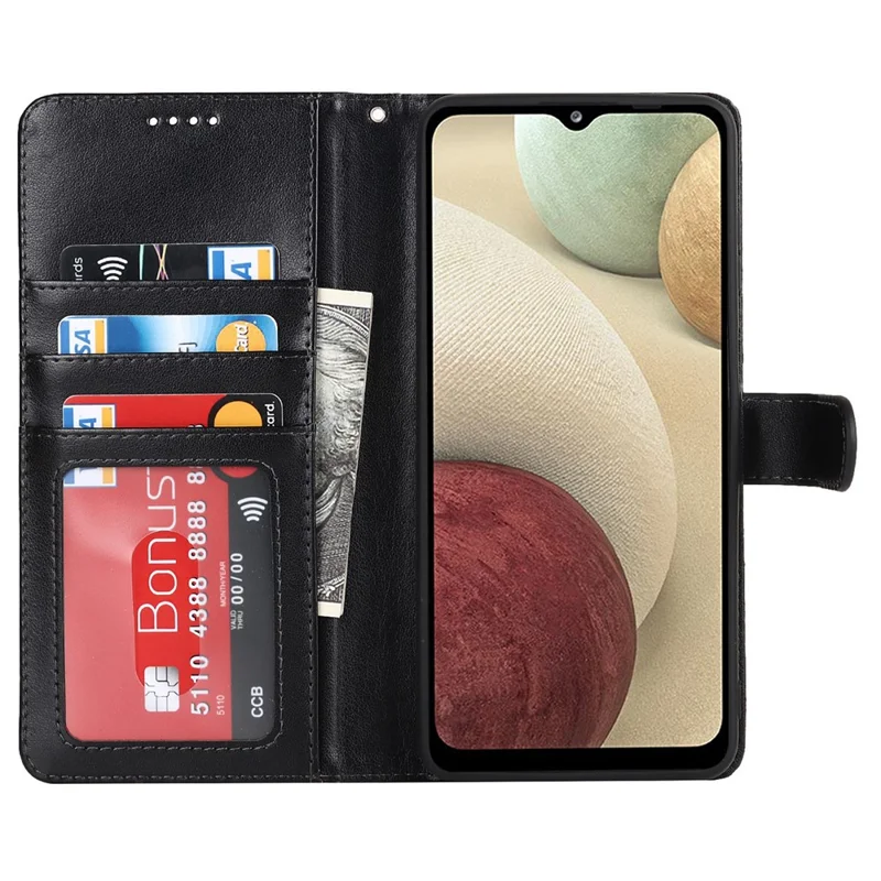 R61 Texture Felled Seam Wallet Stand PU Leather Case + Inner TPU Phone Cover Protector with Strap for Samsung Galaxy A12 - Black