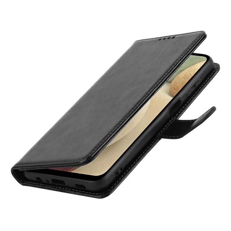 R61 Texture Felled Seam Wallet Stand PU Leather Case + Inner TPU Phone Cover Protector with Strap for Samsung Galaxy A12 - Black