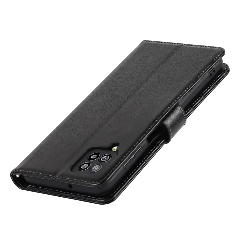 R61 Texture Felled Seam Wallet Stand PU Leather Case + Inner TPU Phone Cover Protector with Strap for Samsung Galaxy A12 - Black