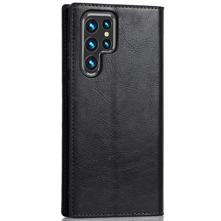 For Samsung Galaxy S22 Ultra 5G Crazy Horse Texture Genuine Leather + TPU Phone Case Cover with Stand Wallet - Black