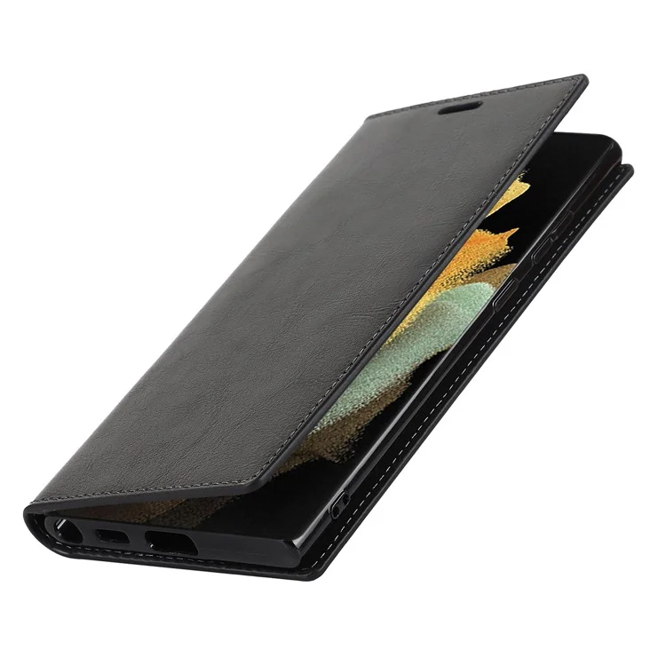 Per Samsung Galaxy S22 Ultra 5G Crazy Horse Texture Genuine Leather + TPU Phone Case Cover con Stand Wallet - Nero