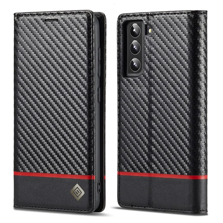 LC.IMEEKE Cartera de Diseño de Soporte de Textura de Fibra de Carbono Antirrobo Cierre Magnético Automático Funda de Piel de PU para Samsung Galaxy S22 5G - Rayas Horizontales