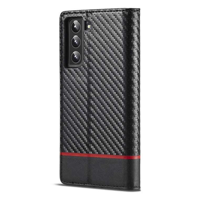 LC.IMEEKE Cartera de Diseño de Soporte de Textura de Fibra de Carbono Antirrobo Cierre Magnético Automático Funda de Piel de PU para Samsung Galaxy S22 5G - Rayas Horizontales