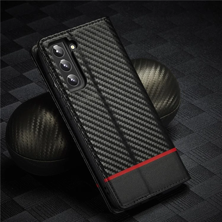 LC.IMEEKE Cartera de Diseño de Soporte de Textura de Fibra de Carbono Antirrobo Cierre Magnético Automático Funda de Piel de PU para Samsung Galaxy S22 5G - Rayas Horizontales