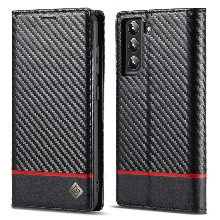 LC.IMEEKE Wallet Stand Design Anti-scratch Carbon Fiber Texture Magnetic Auto-absorbed Folio Flip PU Leather Phone Case Cover for Samsung Galaxy S22+ 5G - Horizontal Stripe